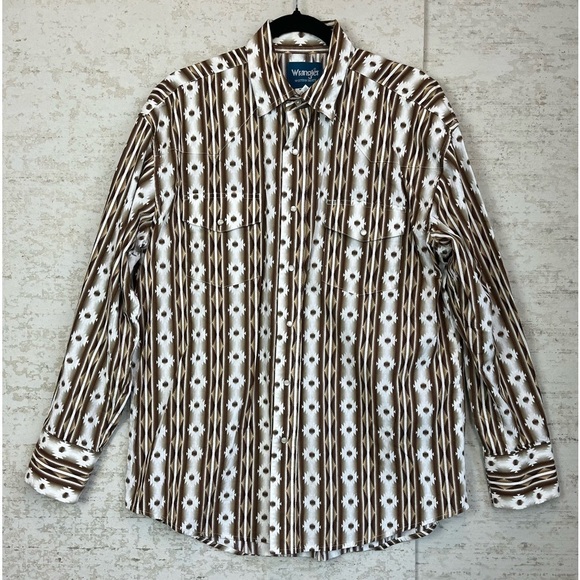 WANGLER Western Wear Mens Shirt Pearl Snap Buttons Aztec Brown Cowboy Large - Picture 1 of 16